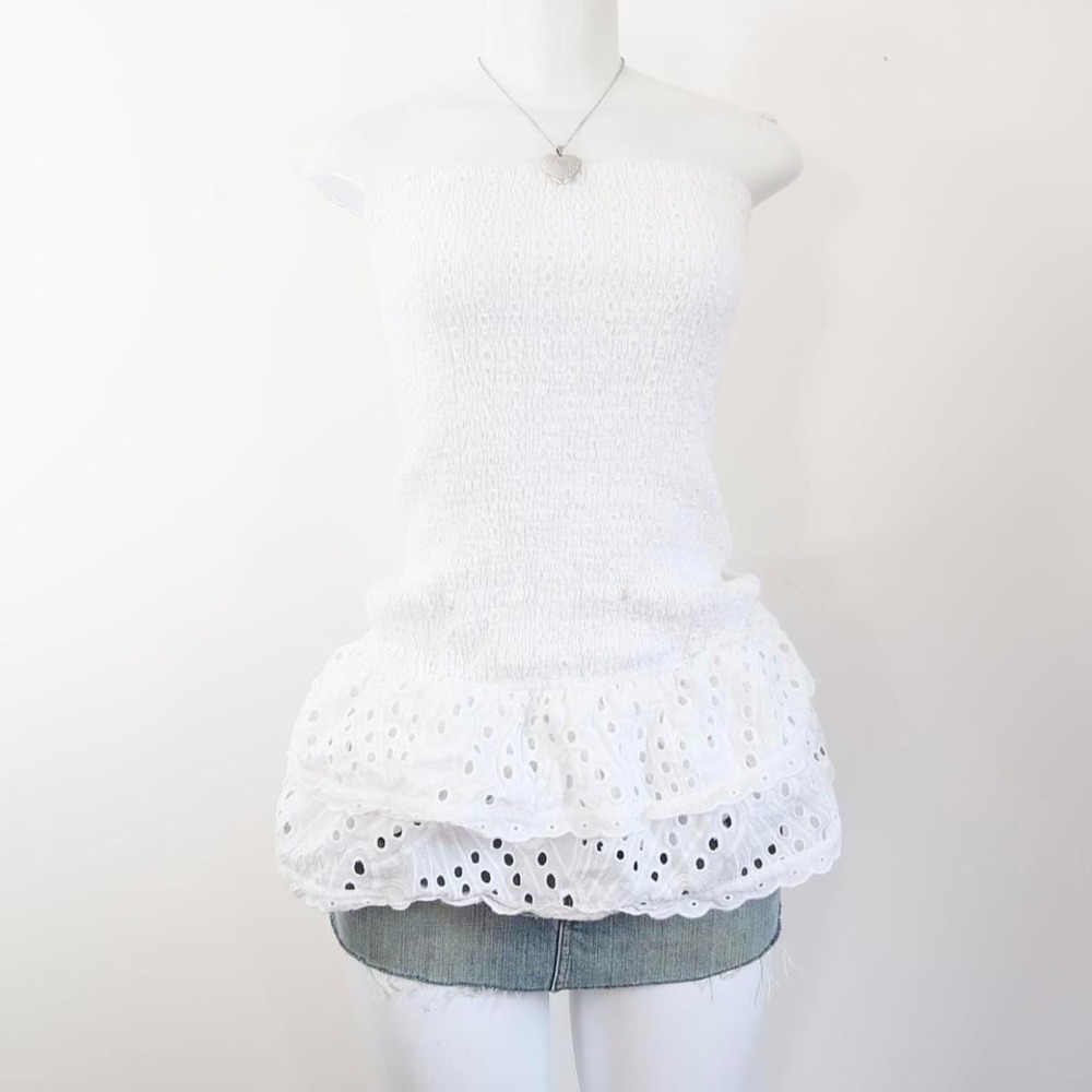 white eyelet lace smocked tube top coquette fairycore summer top